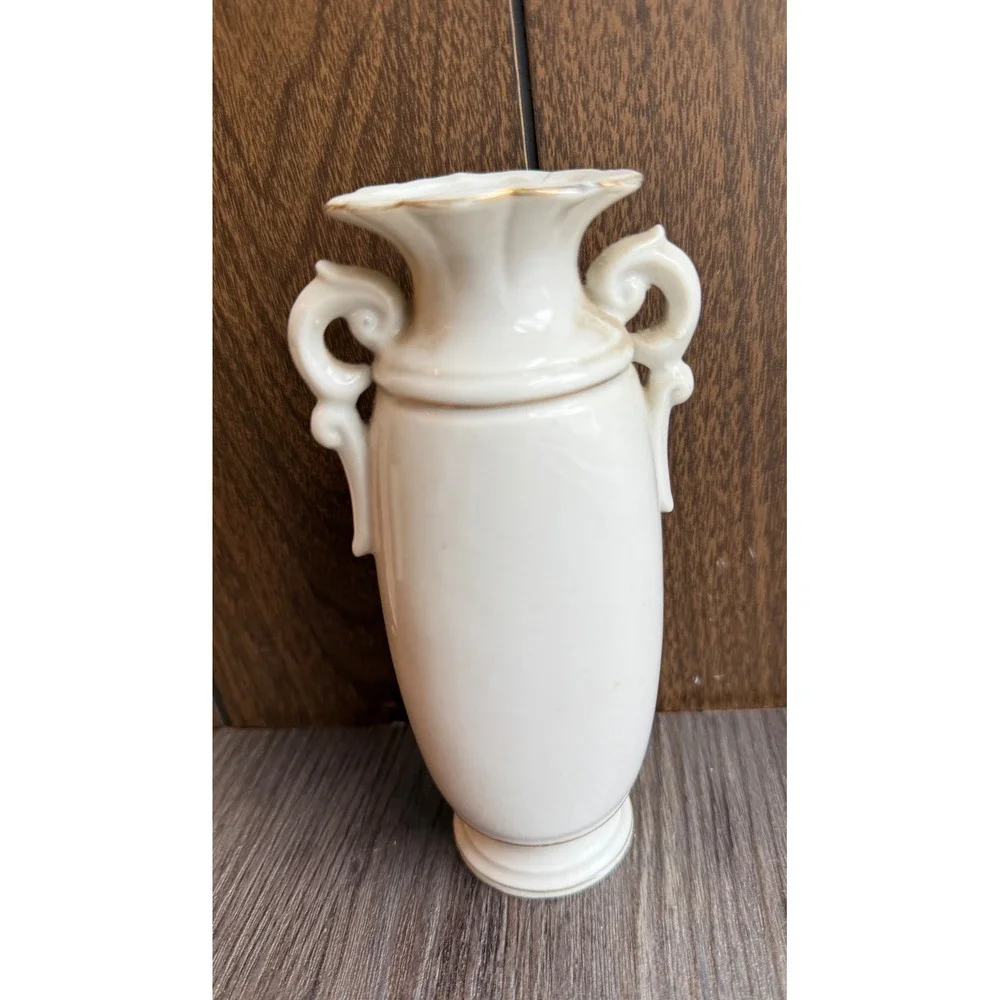 Vintage White Ceramic Vase Gold Handles Pink Rose‎ Bud Embossed Floral Accent